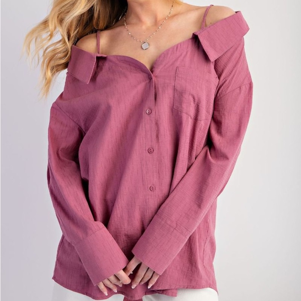 NWT EASEL Bohemian Dusty Pink Button Down Cold Shoulder Top S M L